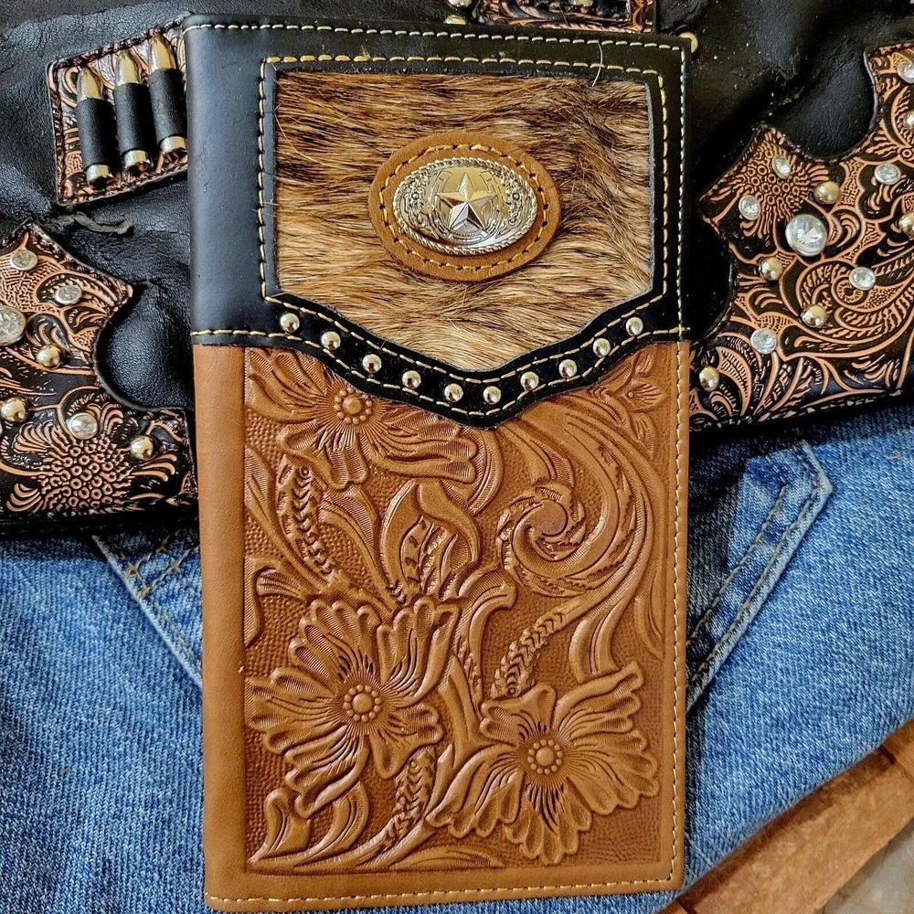 Star Sheriff Star Western wallet genuine leather cow hair hand tooled Bifold... - Picture 1 of 10